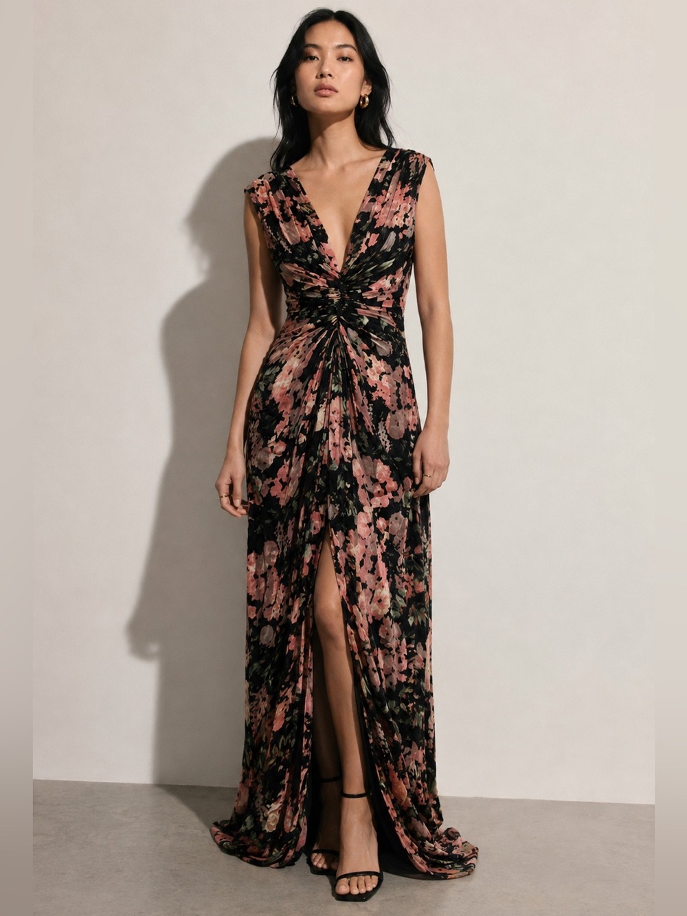 Gorgeous Floral Print Double V Gown with Front Slit